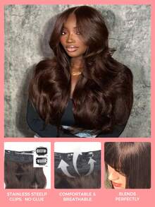 SMART&MATCH 1Pc Body Wave Chocolate Brown Clip In Hair Extensions With 8 Pcs Clip In Hair Extensions Virgin Human Hair Clip In Natural Black Wavy Double Weft Hair Weaves - S2 - View 5