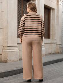 Modelyn Plus Size Colorblock Striped Sweater & Knit Pants Set Tweed - Brown - View 2