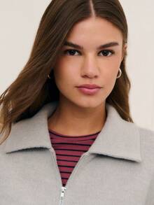 Nöista Light Grey Soft Knit Zip-Up Jacket For Women,High Collar Cozy Autumn Casual School Back-To-School Layering Piece,Elegant Thanksgiving Holiday Styling - Grey - View 5