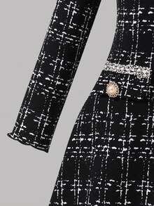 SHEIN Serisse Kids 年轻女孩优雅黑色粗花呢长袖中长连衣裙，适合派对、生日、圣诞节、活动、聚会、野餐、姐妹装 - 黑色 - 查看 13