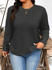 Plus Size Women Casual Daily Commute Simple Solid Color Button Decor Pointelle Knit Pullover Sweater, Autumn/Winter - Dark Grey - View 3