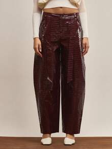 MUSERA Quần ống rộng giả da in họa tiết, thanh lịch, thích hợp cho mùa thu, đi chơi tối, công sở, gợi cảm, dự tiệc tối, mùa hè. - Màu Đỏ Sâu - Xem 2