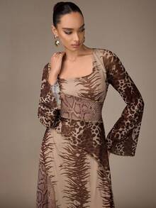 Modelyn Fashionable New Leopard Print Patchwork Romantic Women Dress - Coffee Brown - View 5