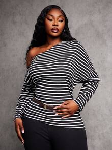 SHEIN SXY Plus Size Women's Black & White Striped Asymmetrical Shoulder Oblique Collar Fitted Waist Asymmetric Hem Long Sleeve T-Shirt, Autumn/Winter - Black and White - View 5