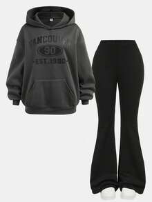 Girlism 少女休闲字母图案口袋连帽衫和喇叭裤套装，秋季 - 彩色 - 查看 13