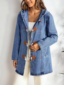 EMERY ROSE Women's Casual Hooded Denim Jacket With Horn Buttons,Christmas,  Christmas Women's Clothing ,Christmas Clothes - Blue - View 3