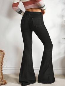 EMERY ROSE Women's Casual Washed Slim Fit Flare Leg Jeans Flared Jeans For Women Black Flared Pants Wide Leg Jeans, Tall Women - Black - View 2