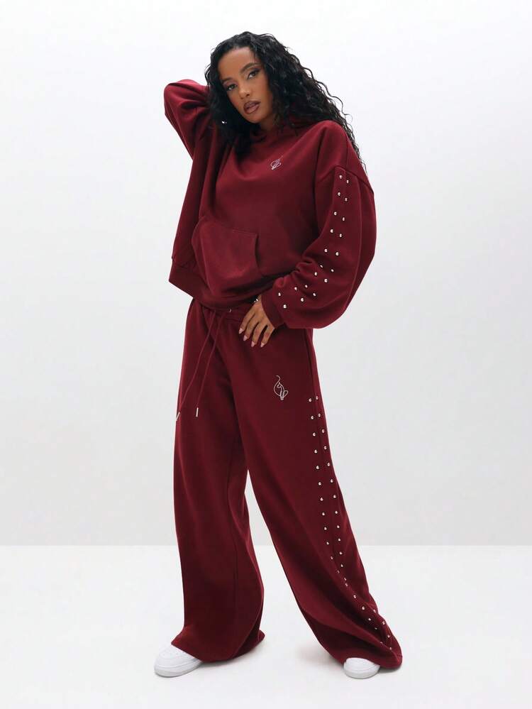 BABYPHAT Oversized Studded Hooded Sweatshirt With Drawstring And Centre Pocket For Cozy Winter Days