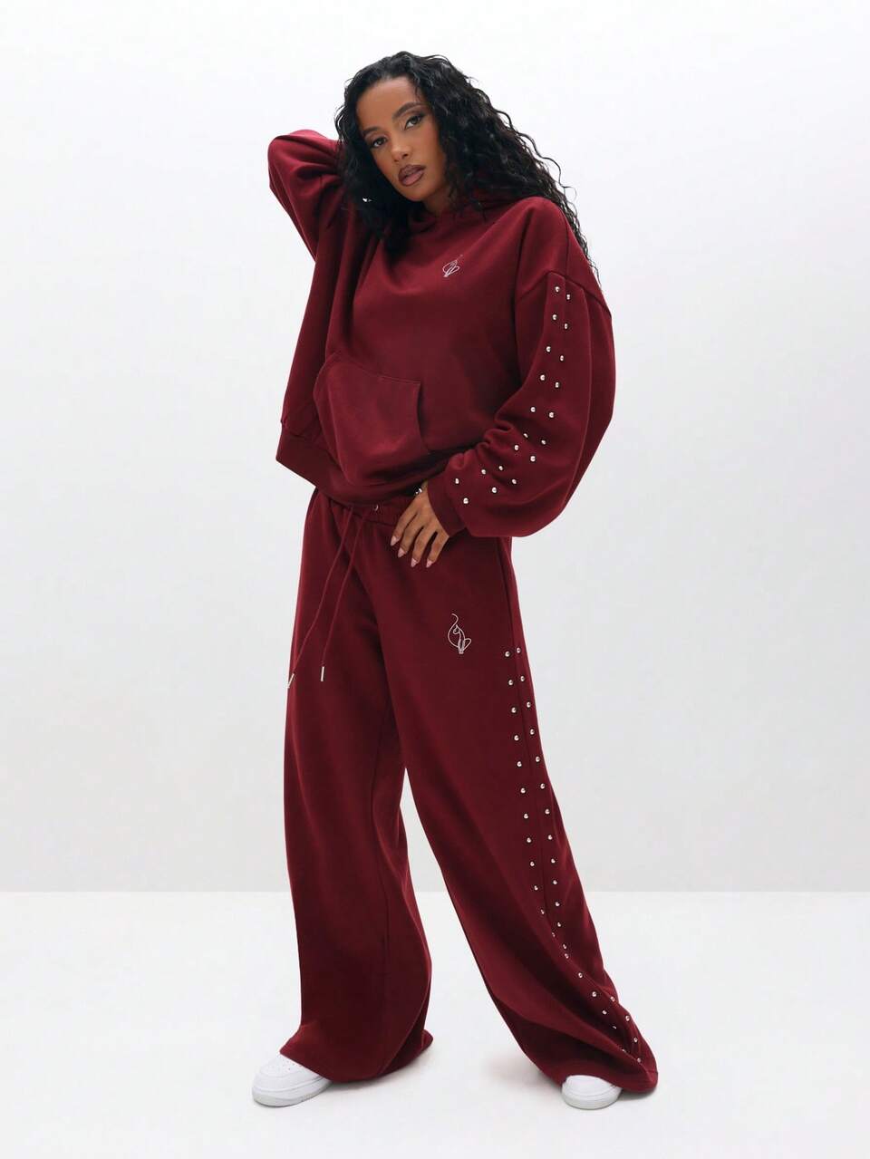 BABYPHAT Oversized Studded Hooded Sweatshirt With Drawstring And Centre Pocket For Cozy Winter Days