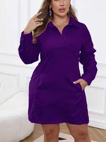 Calvaya Plus Size Casual Solid Color Button Half-Placket Dress, Autumn - Purple - View 4