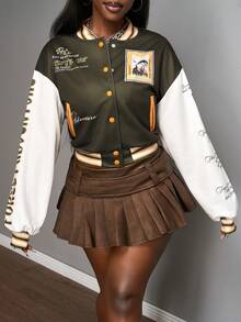 Slaydiva Chaqueta de moda de manga larga con botones delanteros, hombros caídos y color contrastante para mujer - Blanco - Ver 3