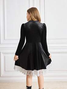 Tween Girls' Fashionable Velvet Lace Trim Long Sleeve Dress - Black - View 2