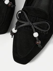 Styleloop Women's Square Toe Flat Black Bow Tassel Soft Bottom Comfortable Retro Loafers, Suitable For Daily Commute And Office Wear - Black - View 5