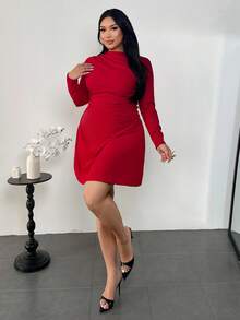 Firerie Plus Size Red Autumn Elegant Satin Party Mini Dress For Women,New Year Mother's Day Ruffle A-Line Flowy Stretchy Wedding Music Festival Holiday Outfit - Burgundy - View 7