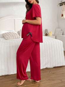 Moonlight&Mama Romantic Solid Color Comfortable Milk Silk Bow Maternity Pajama Set - Burgundy - View 2