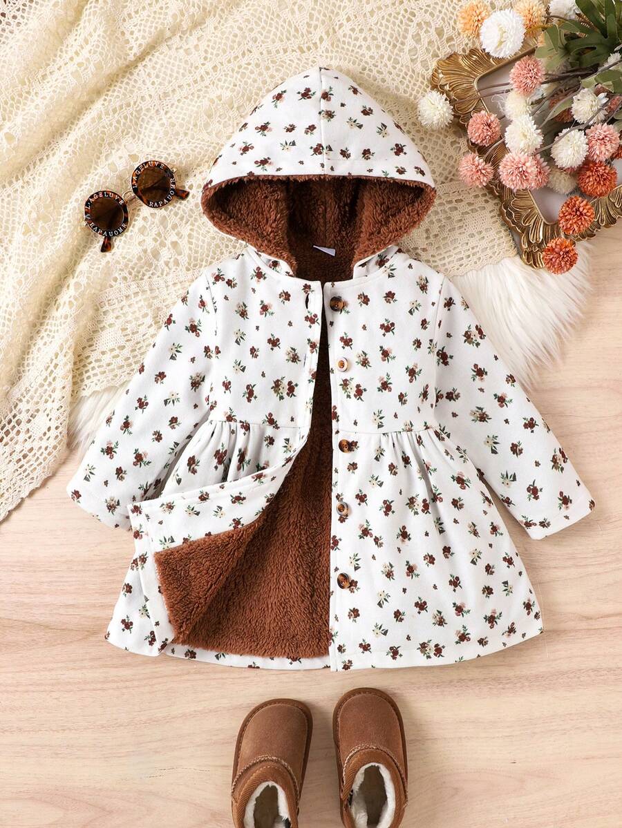 SHEIN Toddler Girls' Sweet Ditsy Floral Hooded Thick Casual Minimalist Jacket, Autumn/Winter - Apricot - View 1