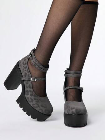 Kawaii Scarpe con tacco largo a punta chiusa con stampa leopardata, Mary Jane con cinturino alla caviglia, scarpe da sera impermeabili con platform per donna