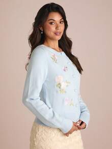 Enchnt 秋冬浪漫女士花卉刺绣长袖针织开衫，别致优雅，时尚百搭，适合派对、约会、节日、毕业典礼、外出、万圣节、圣诞节、秋季、新年等场合。 - 淺藍色 - 查看 6