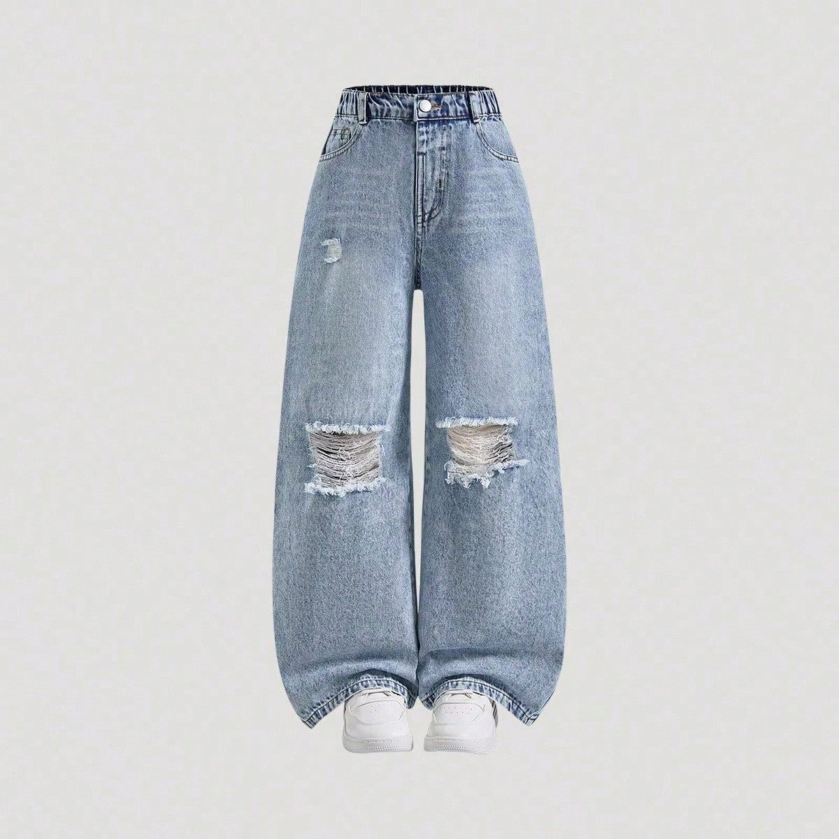 Jeans rectos y sueltos de mezclilla desgastada y desgarrada para niñas preadolescentes + Pantalón de mezclilla con cintura elástica básica + Panta