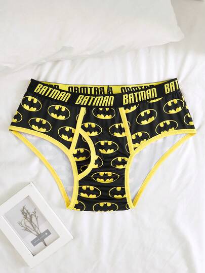 BATMAN X SHEIN 1pc Men's Black Comfortable Contrast Trim Bat Print Letter Tape Basic Casual Briefs