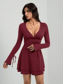 SHEIN Tall 新款黑色深V领收腰长袖女式连衣裙 - 酒紅色 - 查看 7