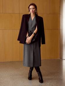 MOTF PREMIUM 羊毛优雅系腰带通勤连衣裙，冬季 - 灰色 - 查看 8