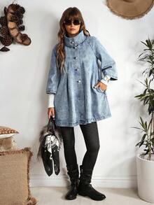 EMERY ROSE Women's Casual Denim Jacket With Raglan Sleeves And Single-Breasted Closure, Autumn - Blue - View 6