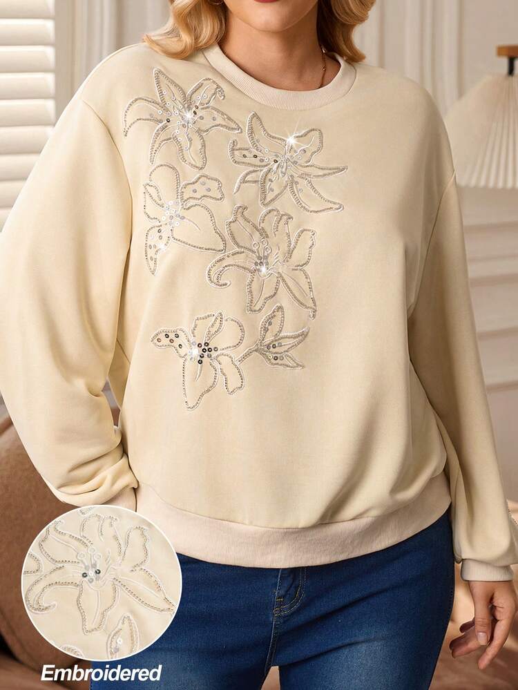 Plus Size Women's Winter Casual Crew Neck Long Sleeve Apricot Solid Color Exquisite Heavy Craft Embroidery Sequin Flowers Sweatshirt Top, Autumn/Winter, New Year ,Going Out,2025 New , Fall Top, Simple And Fashionable For Everyday Wear