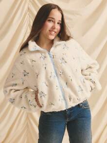 Teen GirlCasual Cute Floral Embroidered Fleece Jacket, Autumn/Winter - Multicolor - View 4