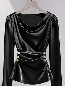 Franclia Camiseta feminina elegante com cintura ajustada, botões dourados, gola redonda e manga comprida, adequada para o trajeto diário, escritório, encontros, shows, festas e diversas ocasiões internas/externas - Preto - Ver 3