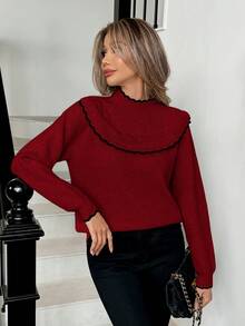Elenzga Suéter casual de mujer con bloqueo de color y ribete de volantes, otoño/invierno - Rojo - Ver 6