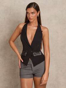 SHEIN Glamour Women's Elegant Mature Vintage Style Double-Breasted High-End Black Vest Christmas Outfiit For Women Black Top Elegant Women Waistcoat - Black - View 4