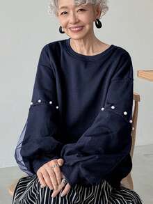 FRIFUL Women's Round Neck Pearl Button Decor Lantern Sleeve Loose Mesh Splice Sleeve Thickened Solid Color Sweatshirt, Halloween Costume