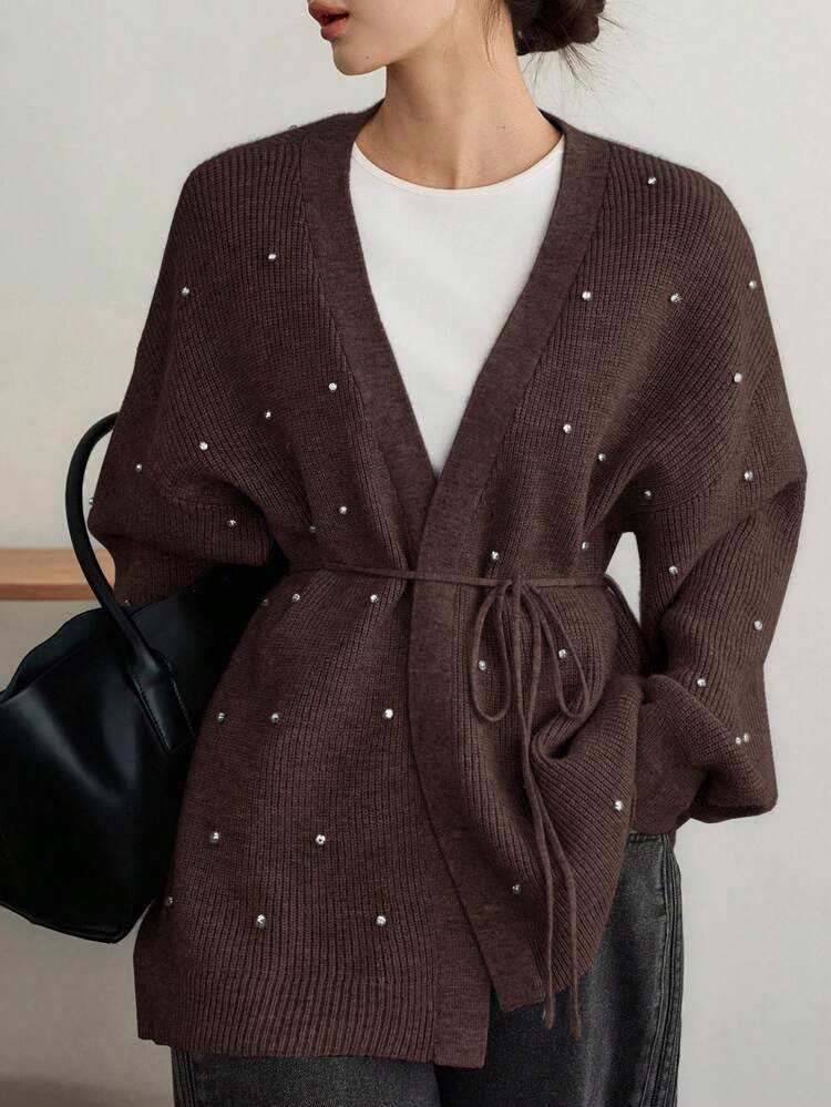 Women's Casual Loose Fit Cardigan With Rhinestone Decor, Drawstring Waist, Suitable For Business, Commute, And Everyday Wear, Autumn/Winter