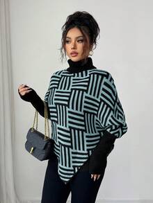 Selianne Women's Elegant High Neck Geometric Textured Poncho Sweater, Colorblock, Suitable For Home & Travel, Spring/Autumn - Baby Blue - View 6