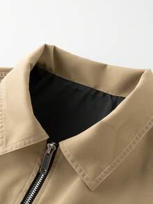 Manfinity Roghcode Men's Casual Solid Khaki Autumn Streetwear Work Jacket,Simple Patchwork Slant Pocket Zip-Up Oversized Shacket,Everyday Commute Light Brown Jacket - Khaki - View 3