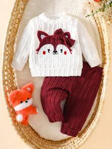 SHEIN Herbst Neugeborenes Mädchen Weiß Besticktes Langarm-Oberteil kombiniert mit rosa Hose 2 Stücke Lässig Set, einfach, modisch und vielseitig