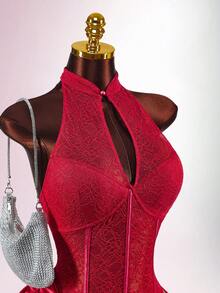 Y2K Amplova Women's Sexy Chinese Style Cheongsam Collar Sexy Sheer Mini Dress, For Christmas Party , Autumn/Winter Thanksgiving And New Year,Party Dresses For Women,Christmas Party Dress,Red Dresses For Women,Christmas Dresses For Women