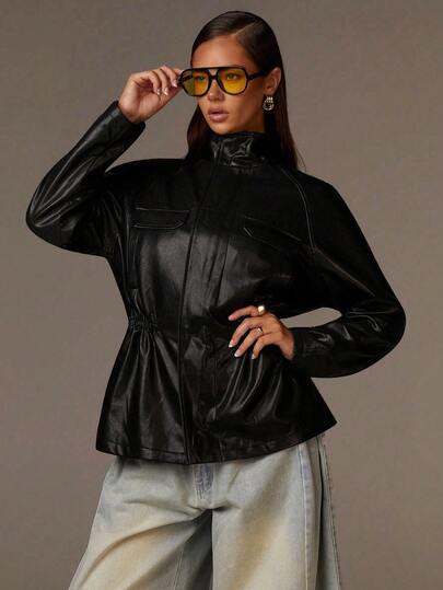 Athîral Women's Black Faux Leather Minimalist Jacket | Smooth Faux Leather Fabric, Loose Waist-Defined Silhouette, Stand Collar, Raglan Long Sleeves, Dual Front Flap Pockets, Elastic Ruched Waist Design, Urban Mix-And-Match For Everyday & Office, Autumn & Winte,New Year,Faux Leather Jacket,Minimalist Outerwear, Raglan Sleeve Jacket