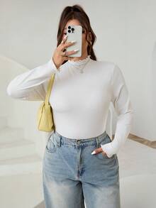 Solflare Plus Size Women's Solid Color Mandarin Collar Long Sleeve Casual Base Layer T-Shirt/Winter