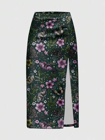 Fairycore Jupe fendue avec imprimé tout-sur-tout de papillon, feuilles mortes, feuille d'érable, lune et étoile, style bohème pour l'automne/hiver pour femmes