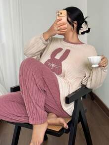 SHEIN Plus Size Fluffy Pajama Set, Knitted Ribbed Fleece Rabbit Embroidered Long Sleeve Top And Pants, Cozy Winter Clothes - Pink - View 6
