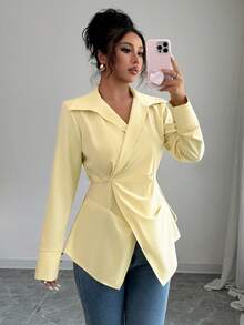 Elenzga Plus Size Women's Buttoned Shirt With Waist Cinching A-Line Silhouette, Metal Decor, Business Casual - Yellow - View 4
