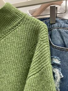 SHEIN Unity New Autumn/Winter Italian Style Green Turtleneck Ribbed Commuter Slim Fit Loose Women Sweater - Green - View 5