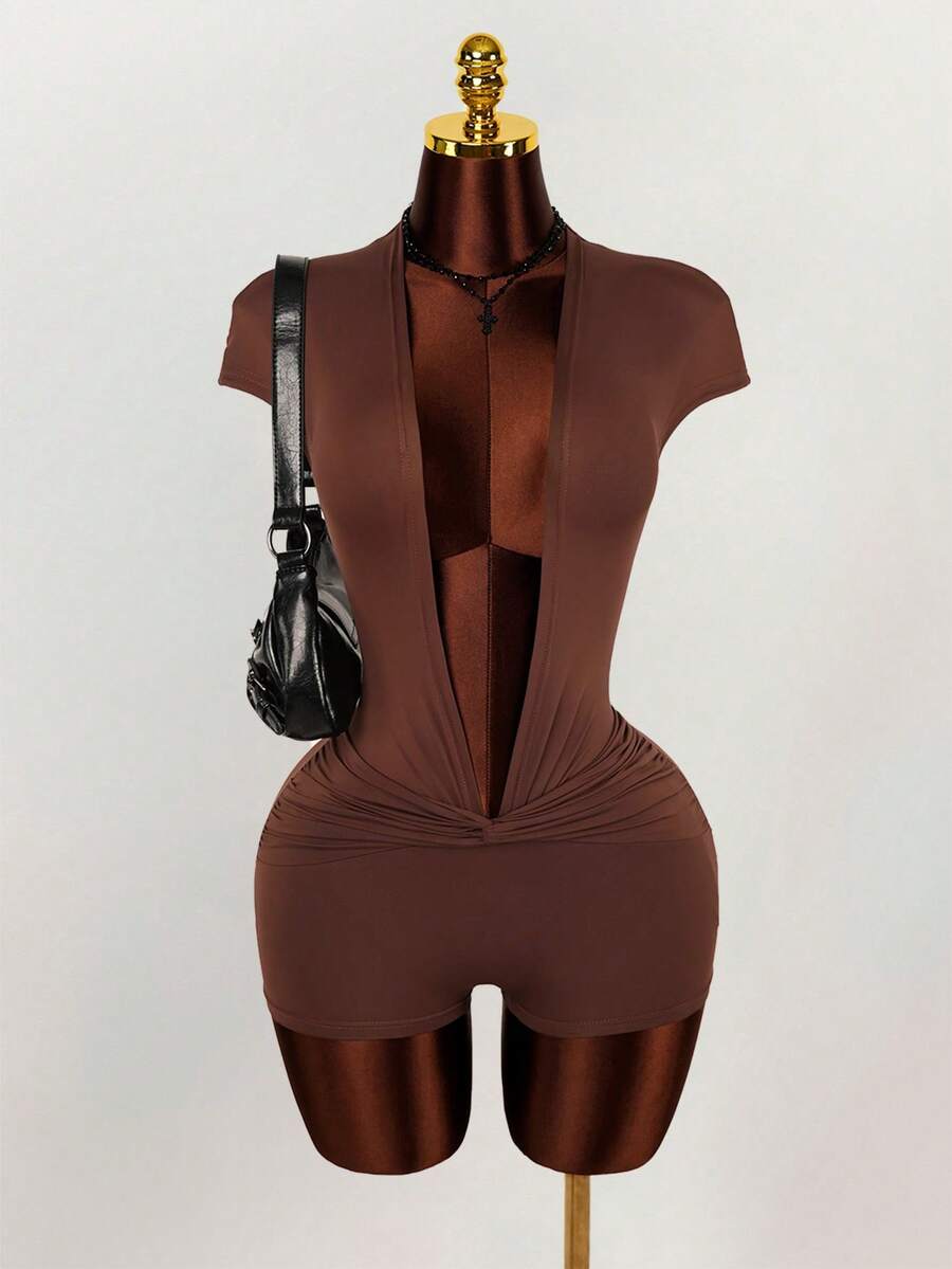 Amplova Fashionable Sexy Deep V Twist Sleeve Bodycon Romper - Brown - View 1
