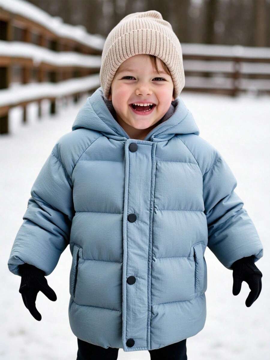 SHEIN Áo khoác mùa đông có mũ trùm đầu màu xanh dương có khóa kéo, đệm cotton, thoải mái, dễ phối đồ, đa năng, mềm mại, phù hợp để chơi trên tuyết - Màu xanh bụi bặm - Xem 1