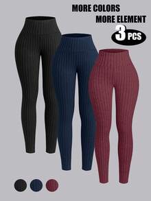 Airaco 3pcs Solid Color Ribbed Leggings For Women - Multicolor - View 3