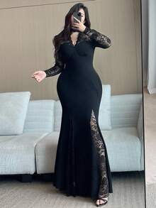 Flirla Đầm Maxi Sườn Xám Cổ Chữ V Cỡ Lớn, Cổ Áo Cài Nút, Ren Trong Suốt, Viền Hoa, Co Giãn Cao, Thanh Lịch, Vá Vá, Đuôi Cá, Màu Đen, Phù Hợp Cho Kỳ Nghỉ, Tiệc Cocktail, Hẹn Hò, Tụ Tập - màu đen - Xem 4