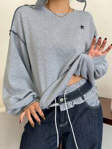Dazy Plus Plus Size Star Print Loose Fit Thermal Lined Crew Neck Sweatshirt For Women, Streetwear Style, Autumn/Winter School - Grey - View 1