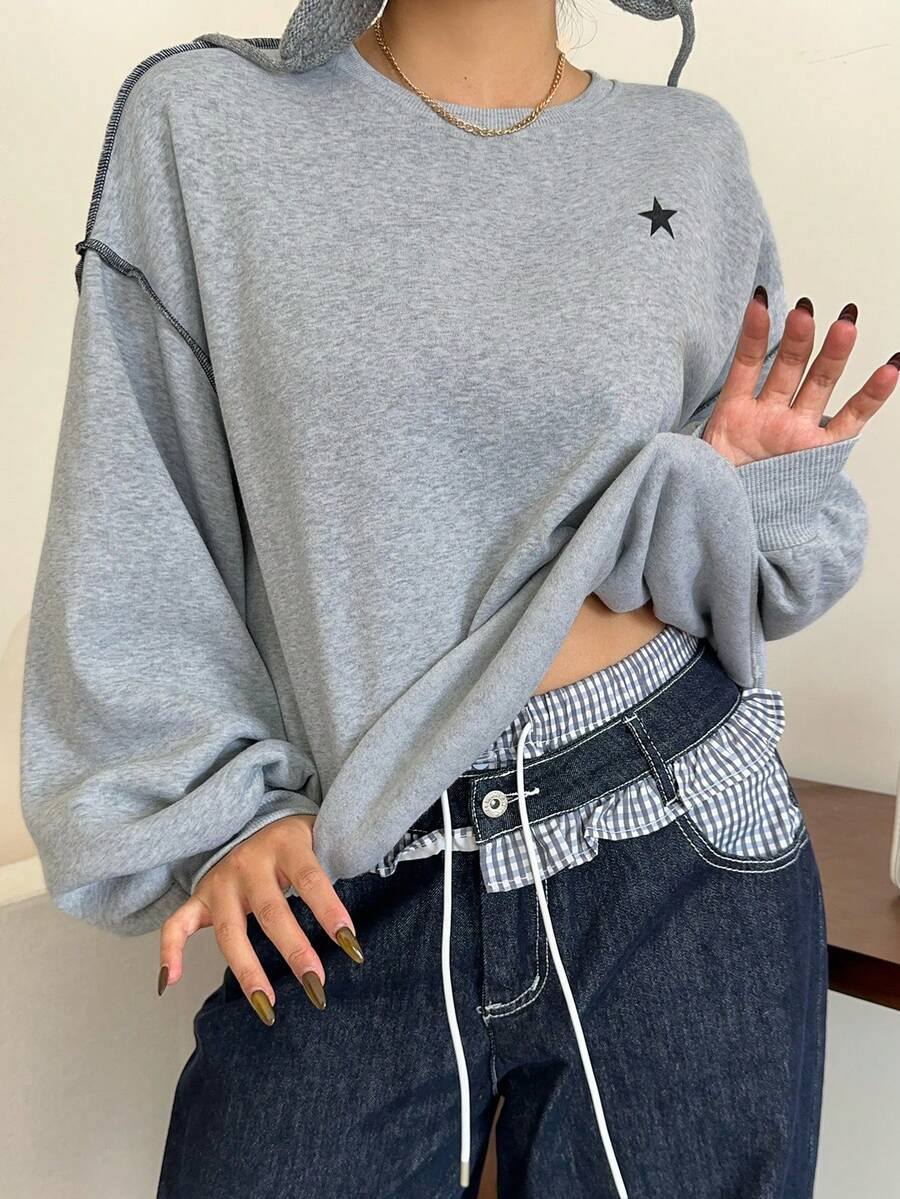 Dazy Plus Plus Size Star Print Loose Fit Thermal Lined Crew Neck Sweatshirt For Women, Streetwear Style, Autumn/Winter School - Grey - View 1